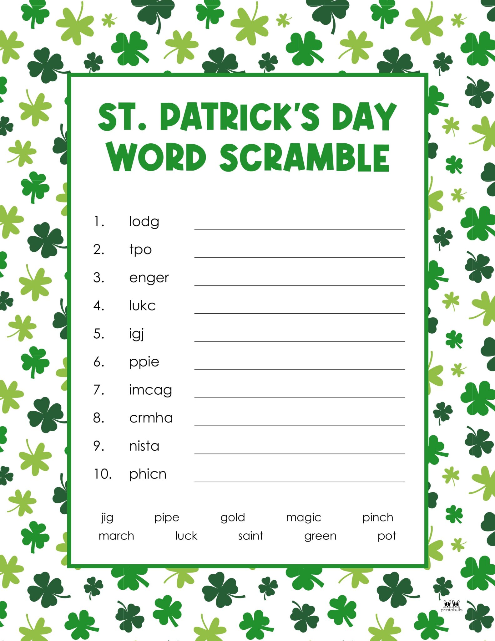 st patricks day word scramble with answers