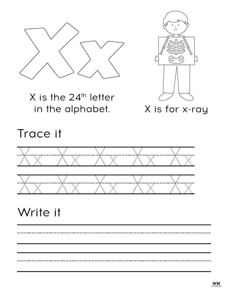Letter X alphabet tracing worksheets - Free printable PDF