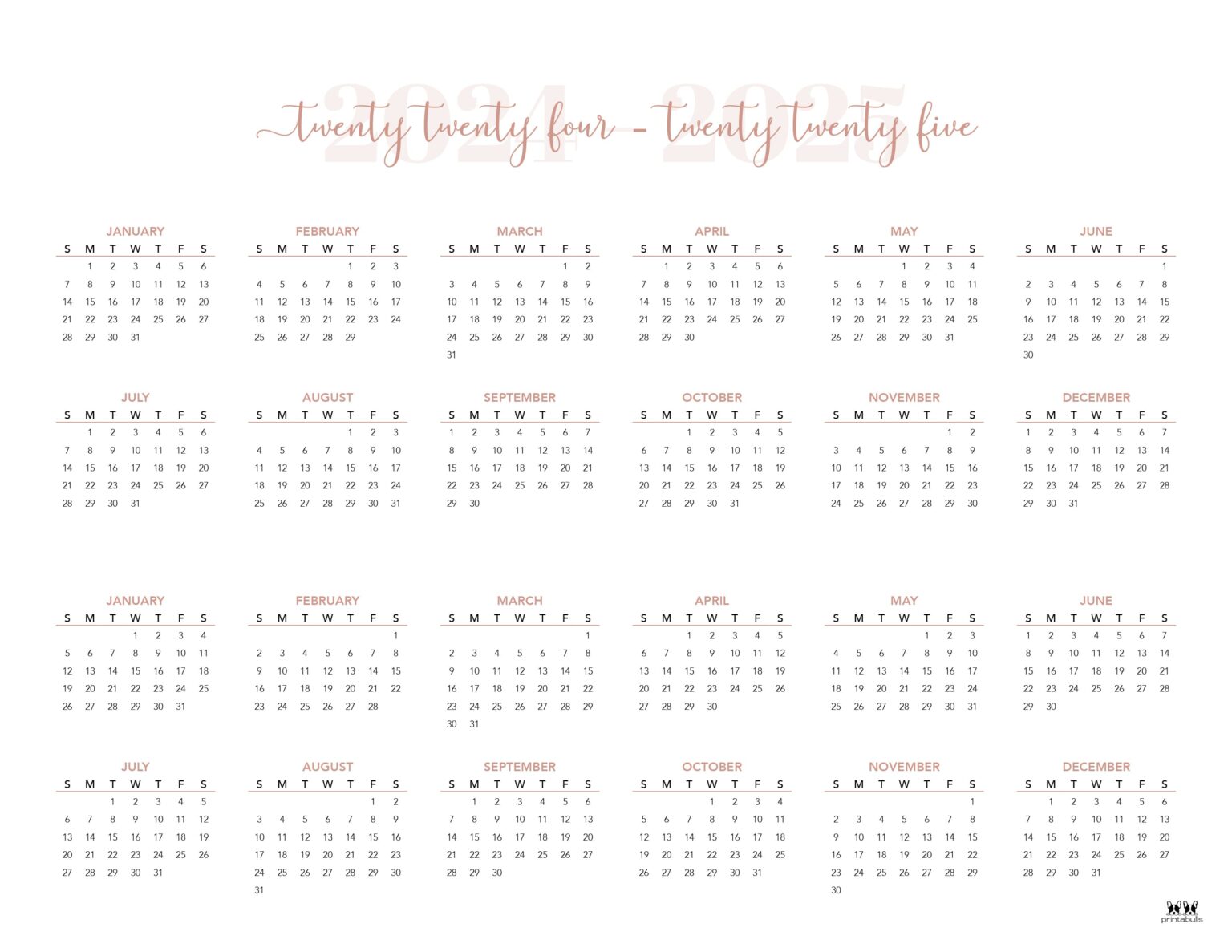 2024-2025 Two Year Calendars - 10 FREE Printables | Printabulls