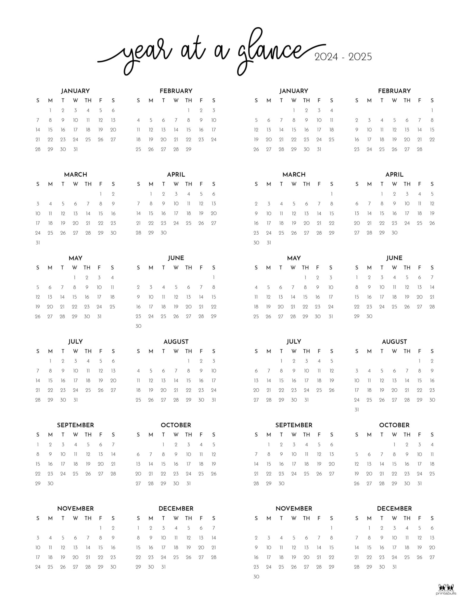 2024-2025 Two Year Calendars - 10 FREE Printables | Printabulls