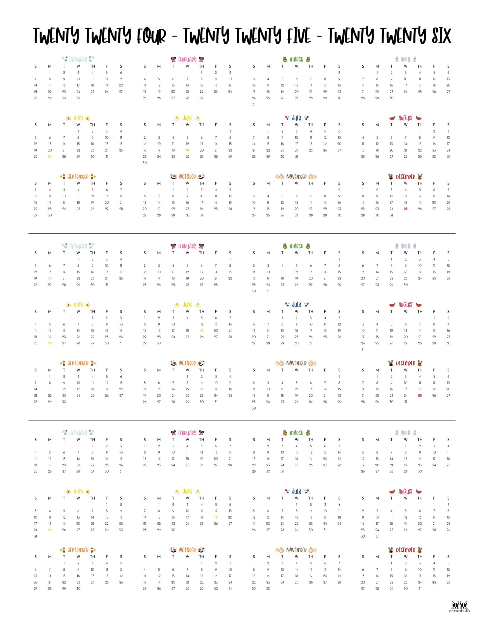 20242026 Three Year Calendars 10 FREE Printables Printabulls