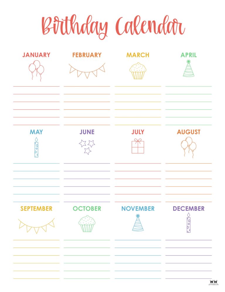 Birthday Calendars & Trackers - 20 FREE Printables | Printabulls