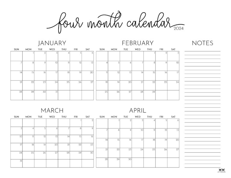 2024 Four Month Calendars 18 FREE Printables Printabulls