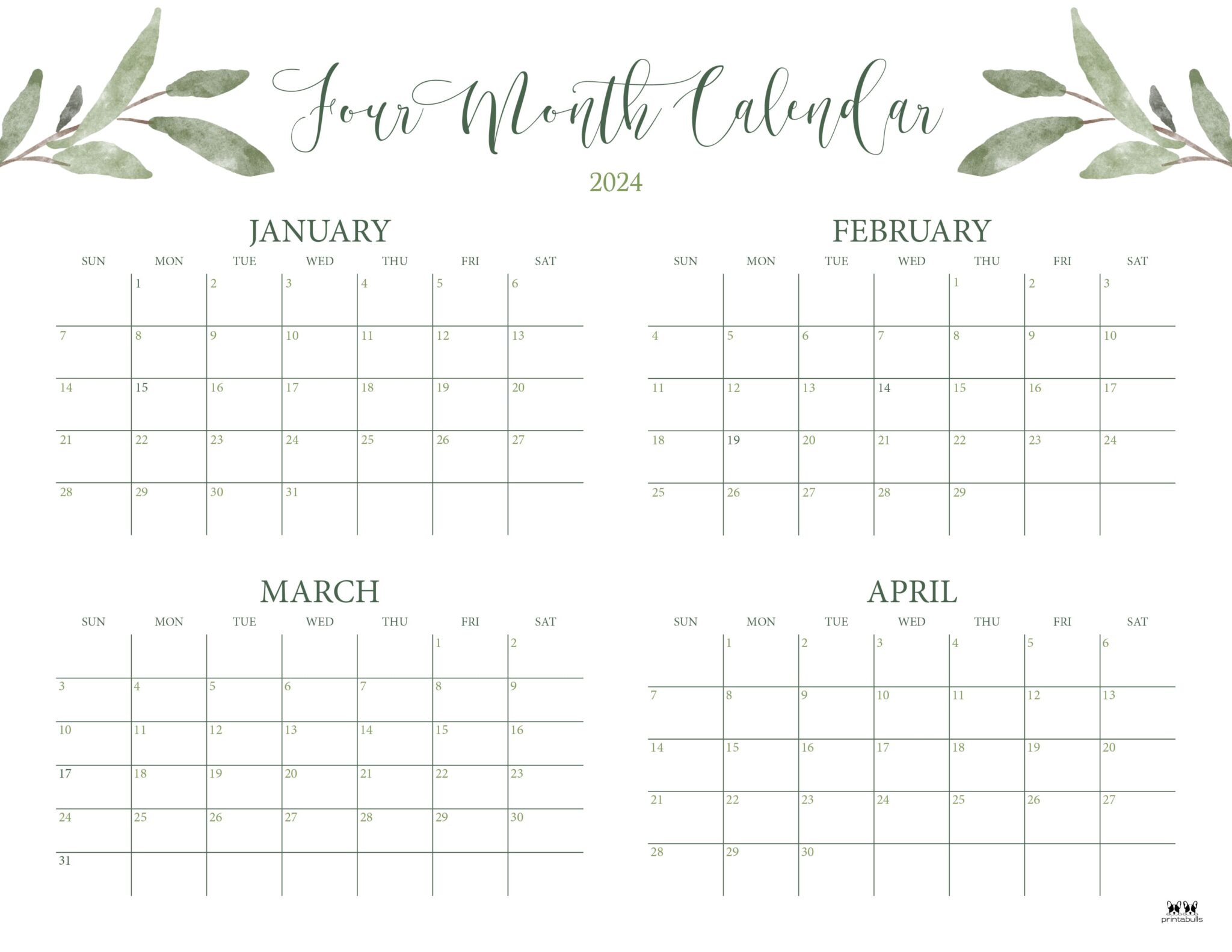 2024 Four Month Calendars 18 FREE Printables Printabulls