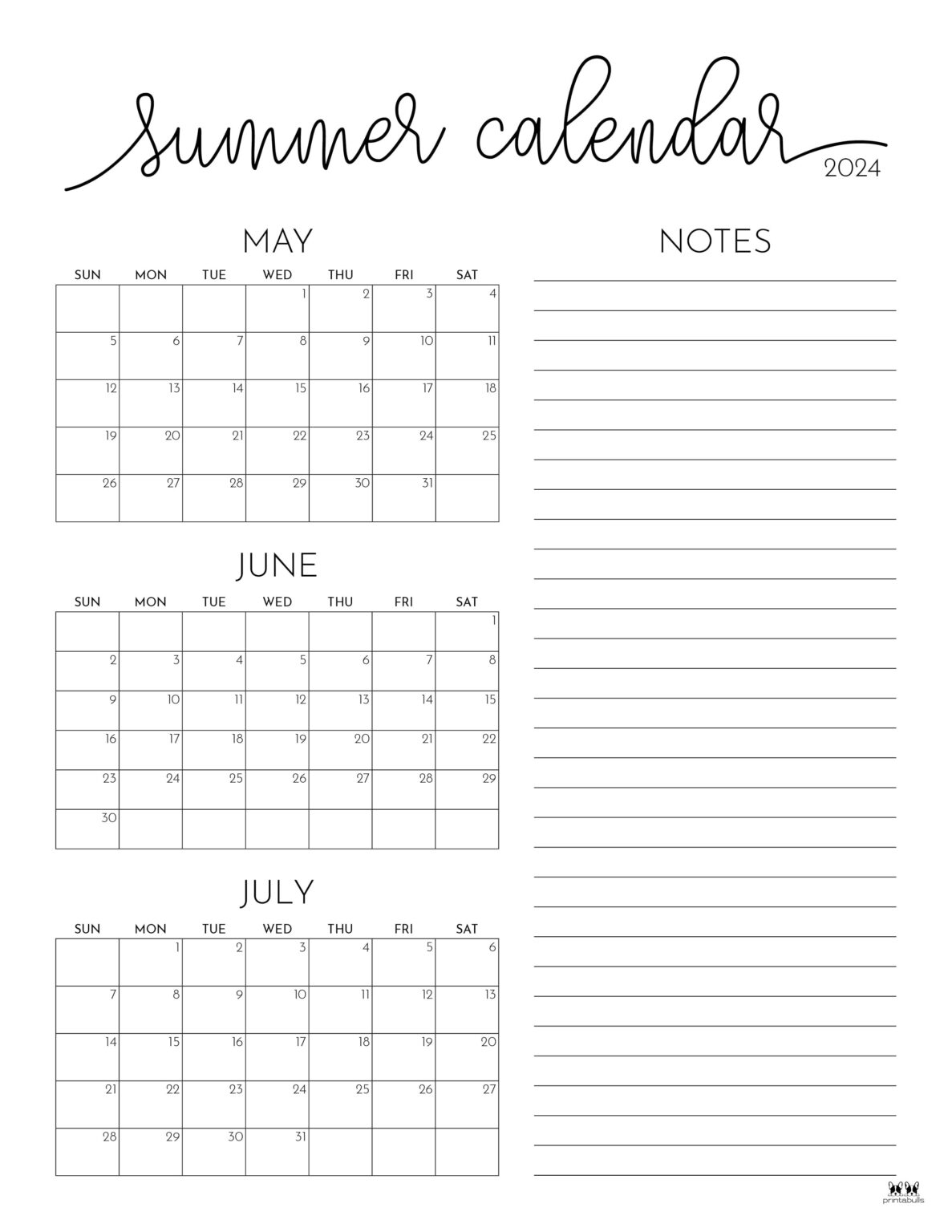 2024 Summer Calendars 18 FREE Printables PrintaBulk