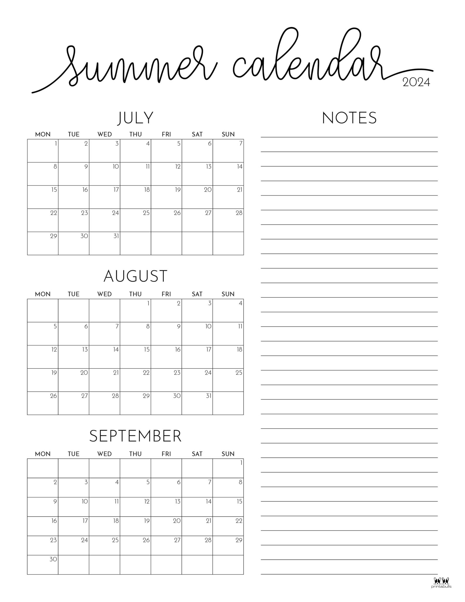 2024 Summer Calendars - 18 FREE Printables | Printabulls