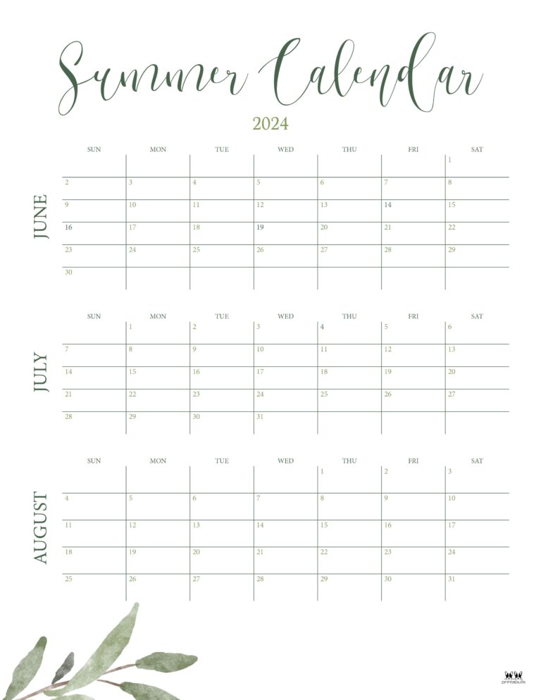 2025 Summer Calendars 18 FREE Printables Printabulls