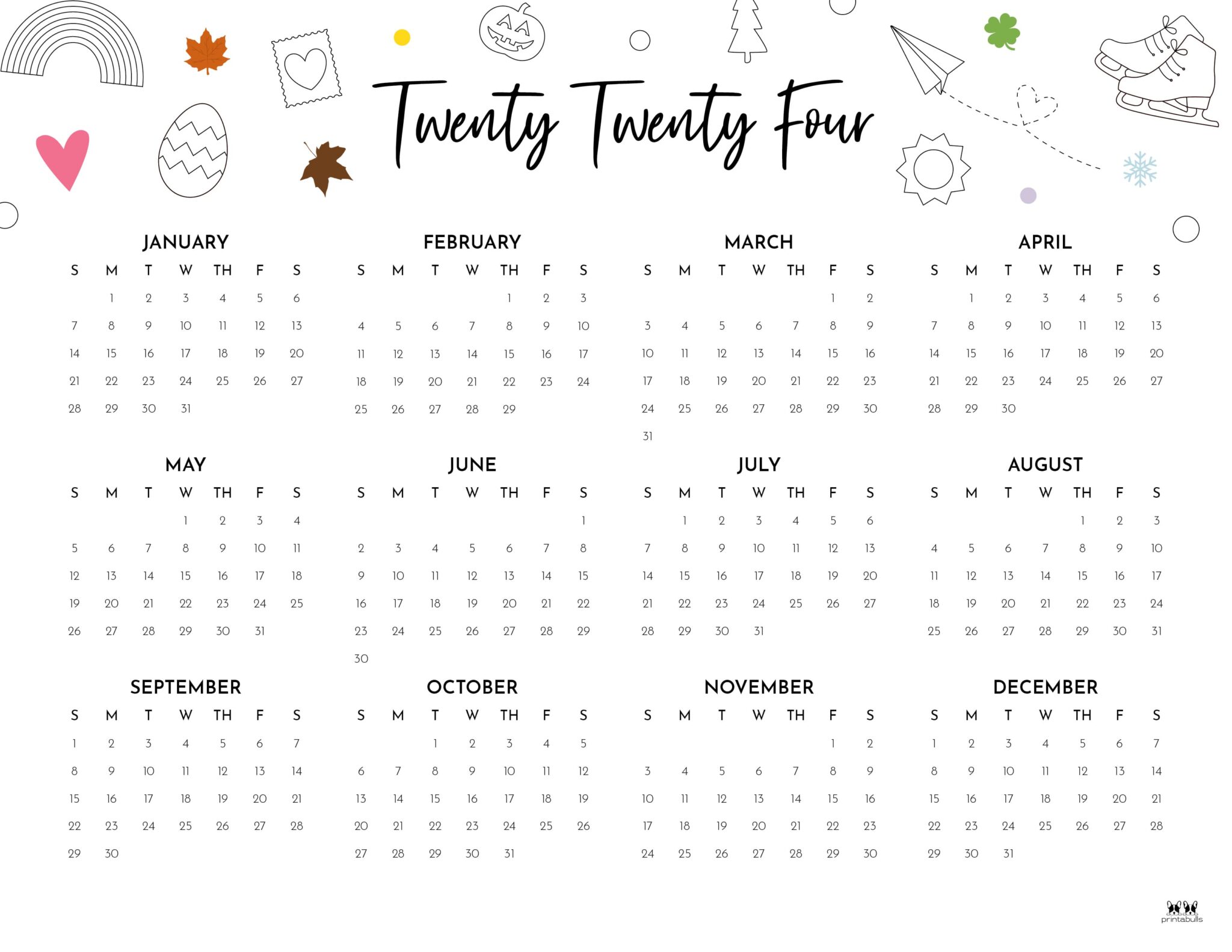 2024 Yearly Calendars 29 FREE Printables Printabulls