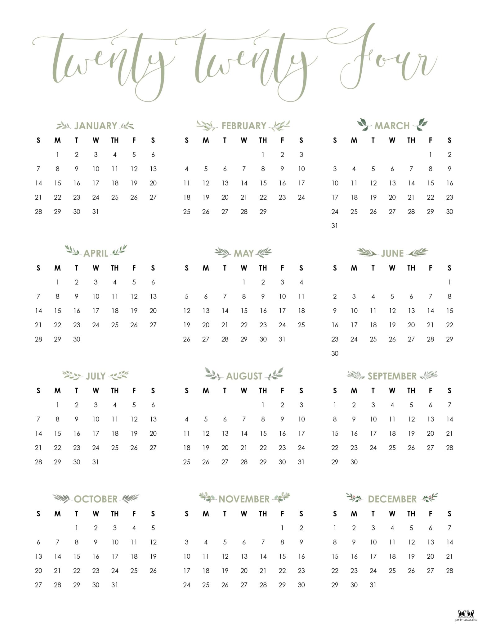 2024 Yearly Calendars - 29 FREE Printables | Printabulls