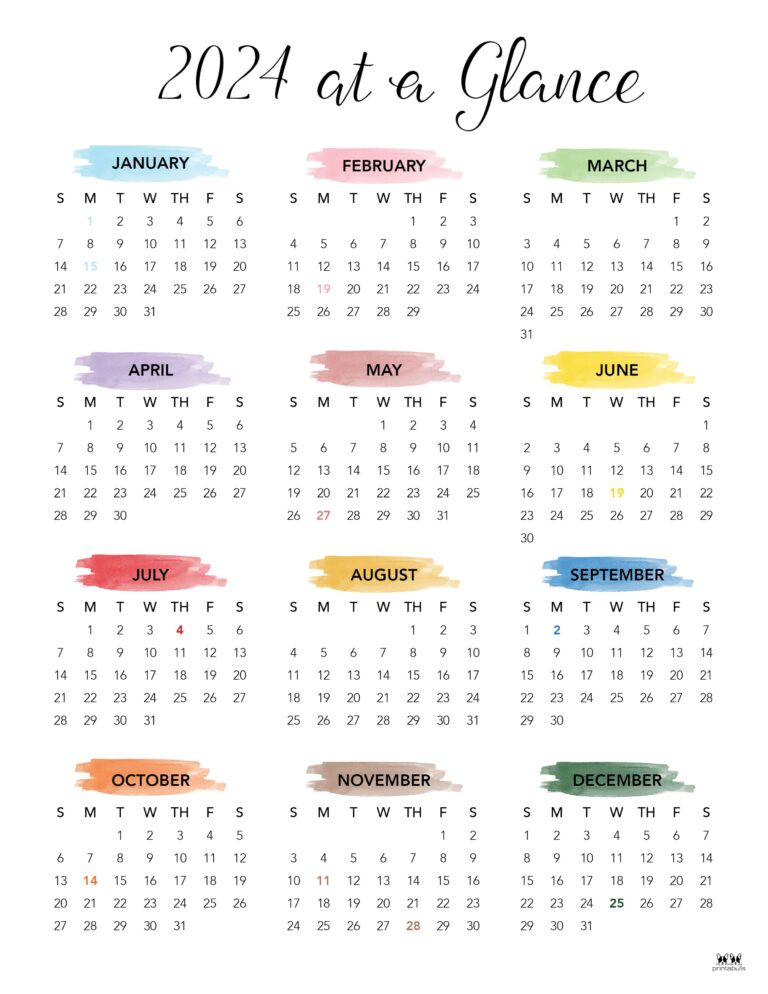 2024 Yearly Calendars - 29 FREE Printables | Printabulls