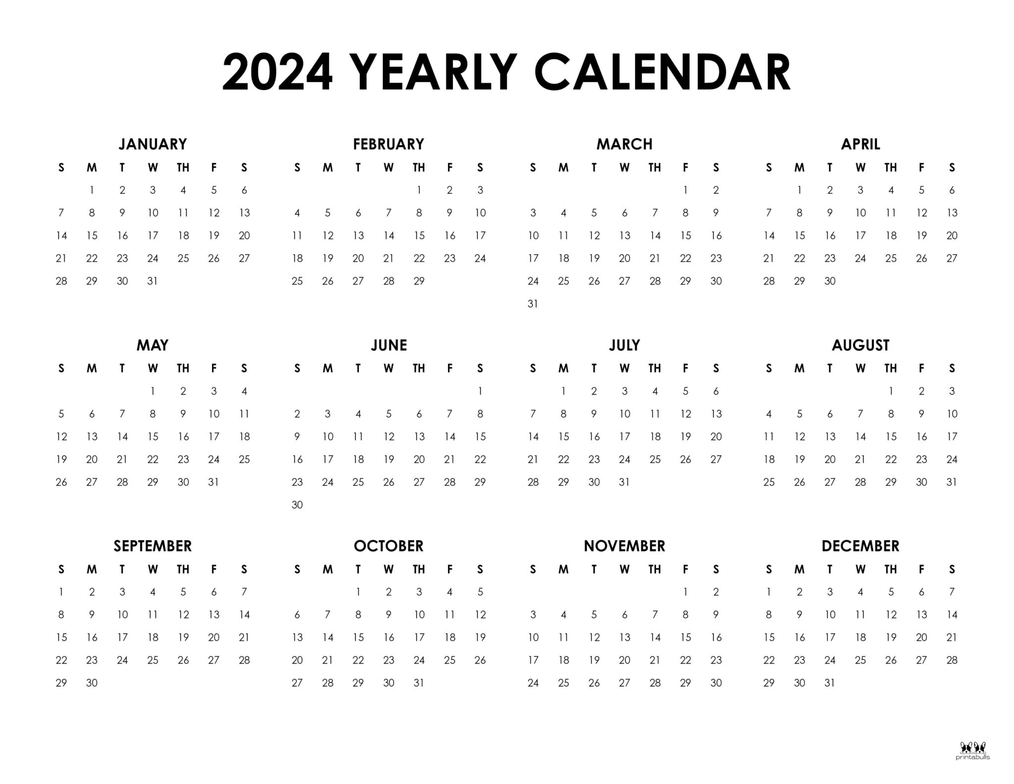 2024 Yearly Calendars - 29 FREE Printables | Printabulls