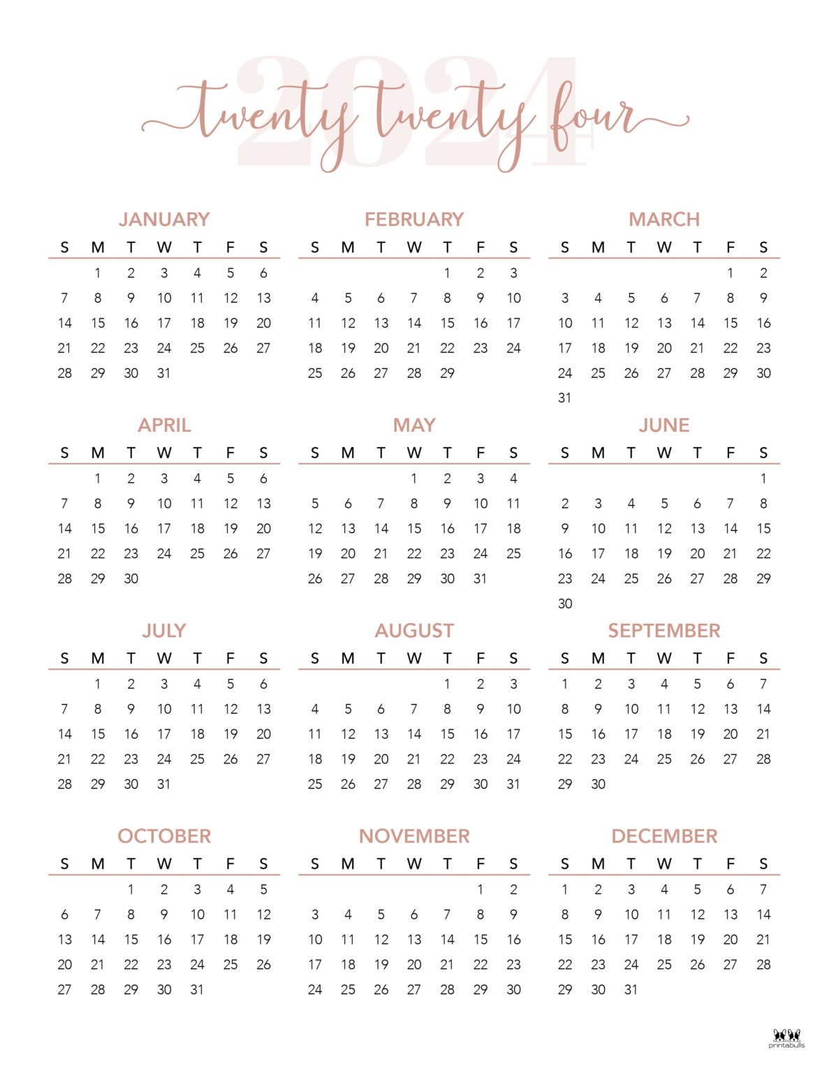 2024 Yearly Calendars - 29 FREE Printables | Printabulls