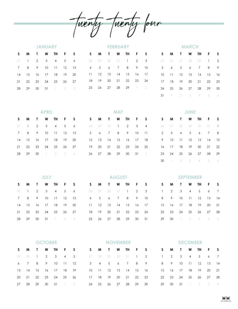 2024 Yearly Calendars - 29 FREE Printables | Printabulls