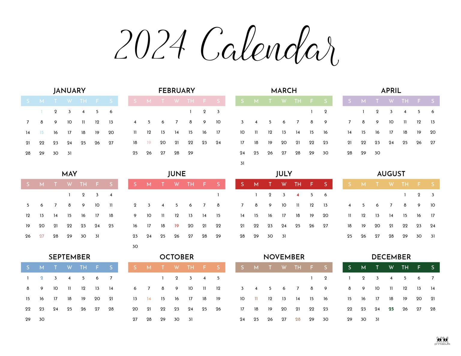 2024 Yearly Calendars 29 FREE Printables Printabulls