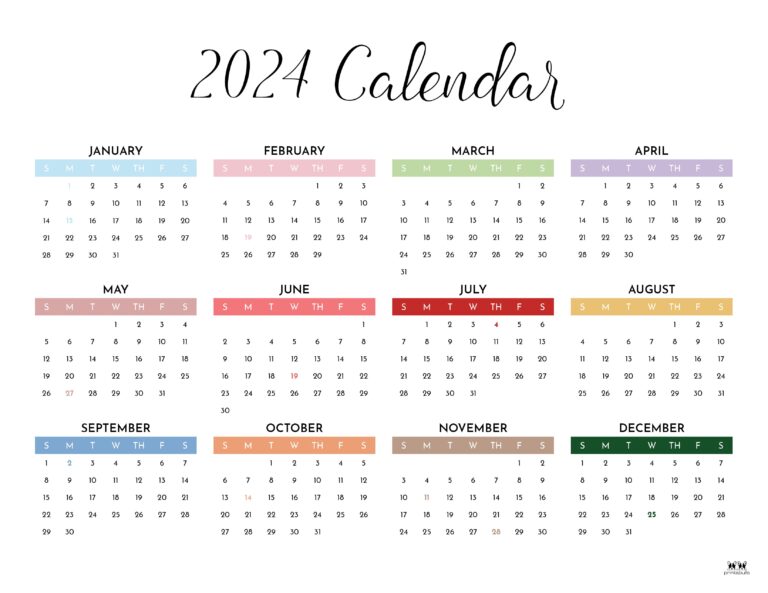 2024 Yearly Calendars - 29 FREE Printables | Printabulls