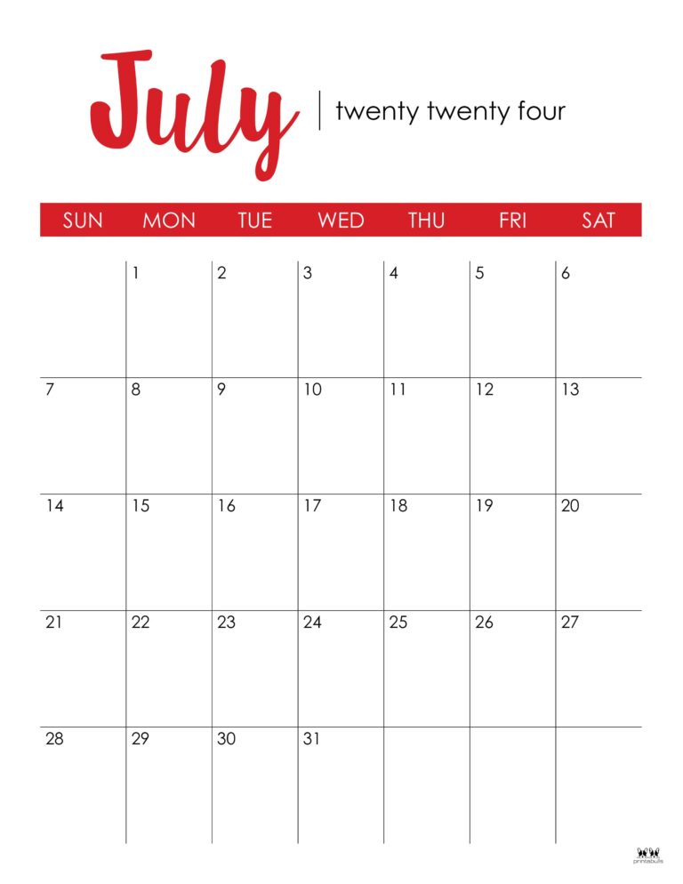 July 2024 Calendars - 50 FREE Printables | Printabulls