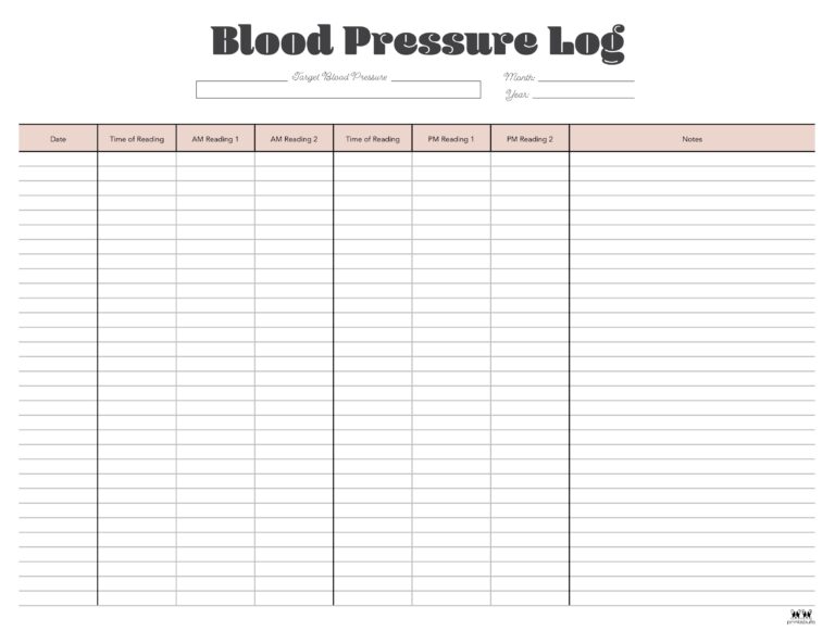 Blood Pressure Logs - 25 FREE Printables | Printabulls