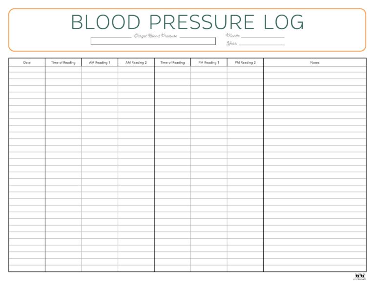 Blood Pressure Logs - 25 FREE Printables | Printabulls