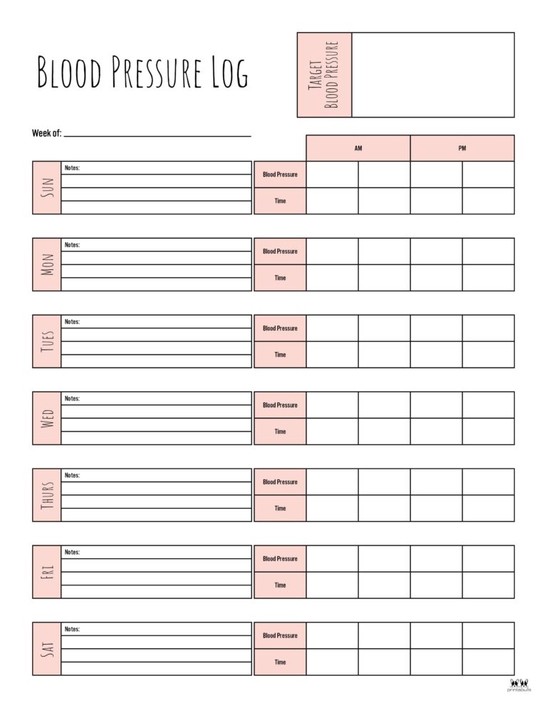 Blood Pressure Logs - 25 FREE Printables | Printabulls