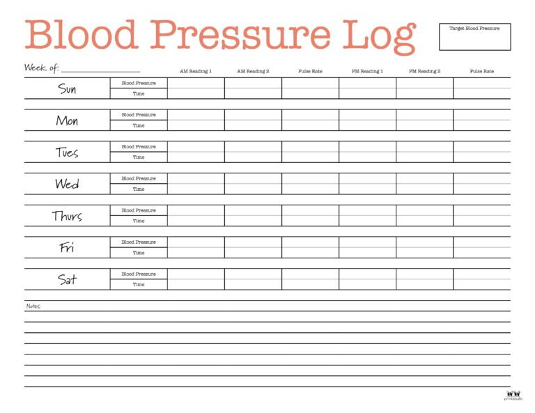 Blood Pressure Logs - 25 FREE Printables | Printabulls