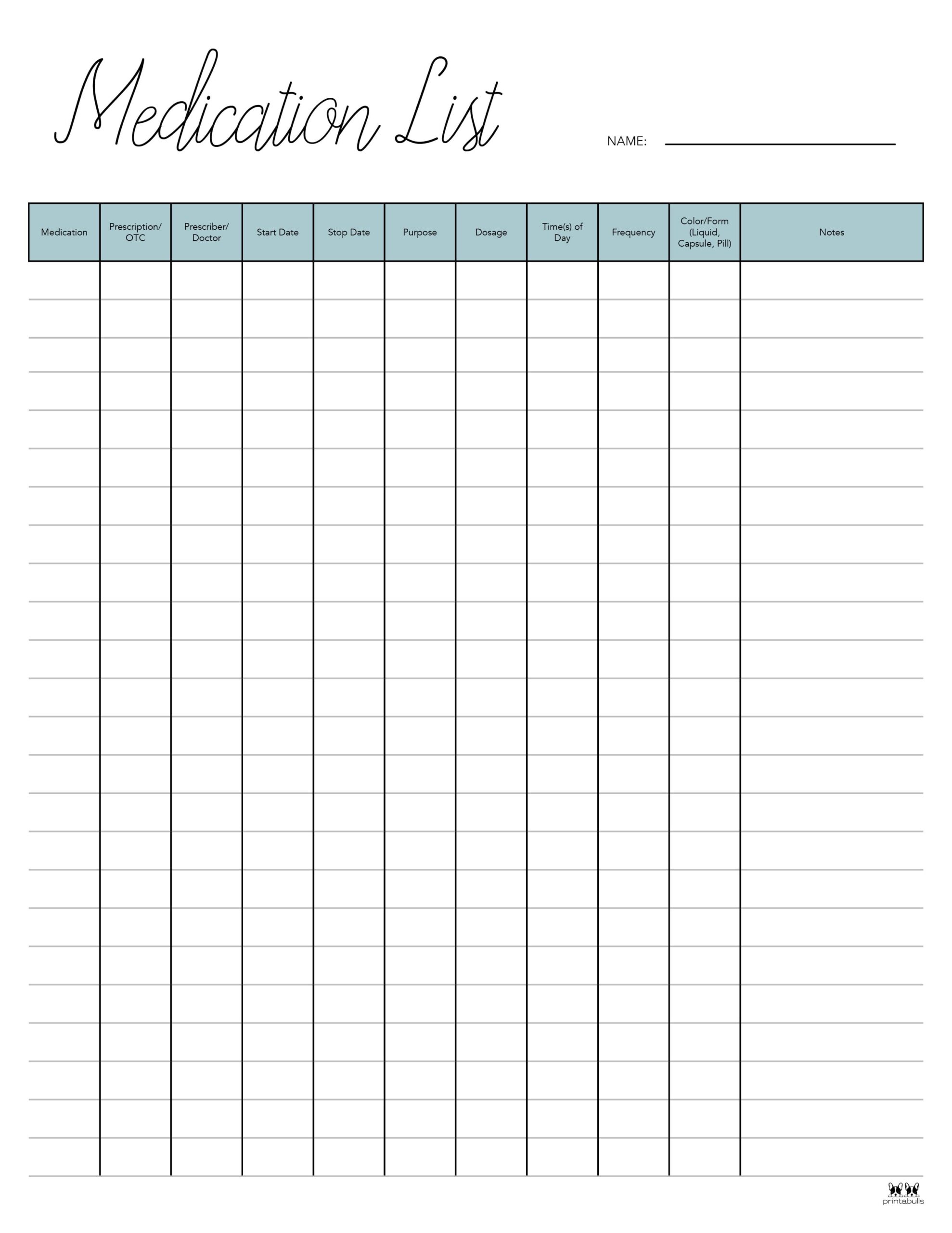 Medication List Templates - 25 FREE Printables | Printabulls