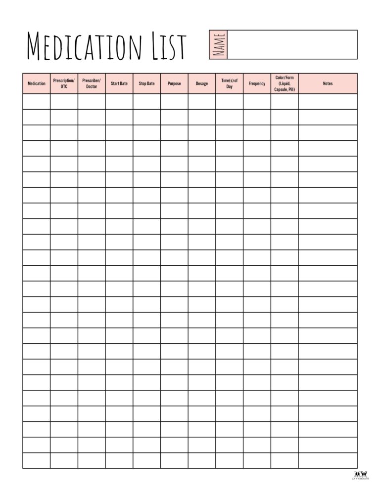 Medication List Templates - 25 FREE Printables | Printabulls