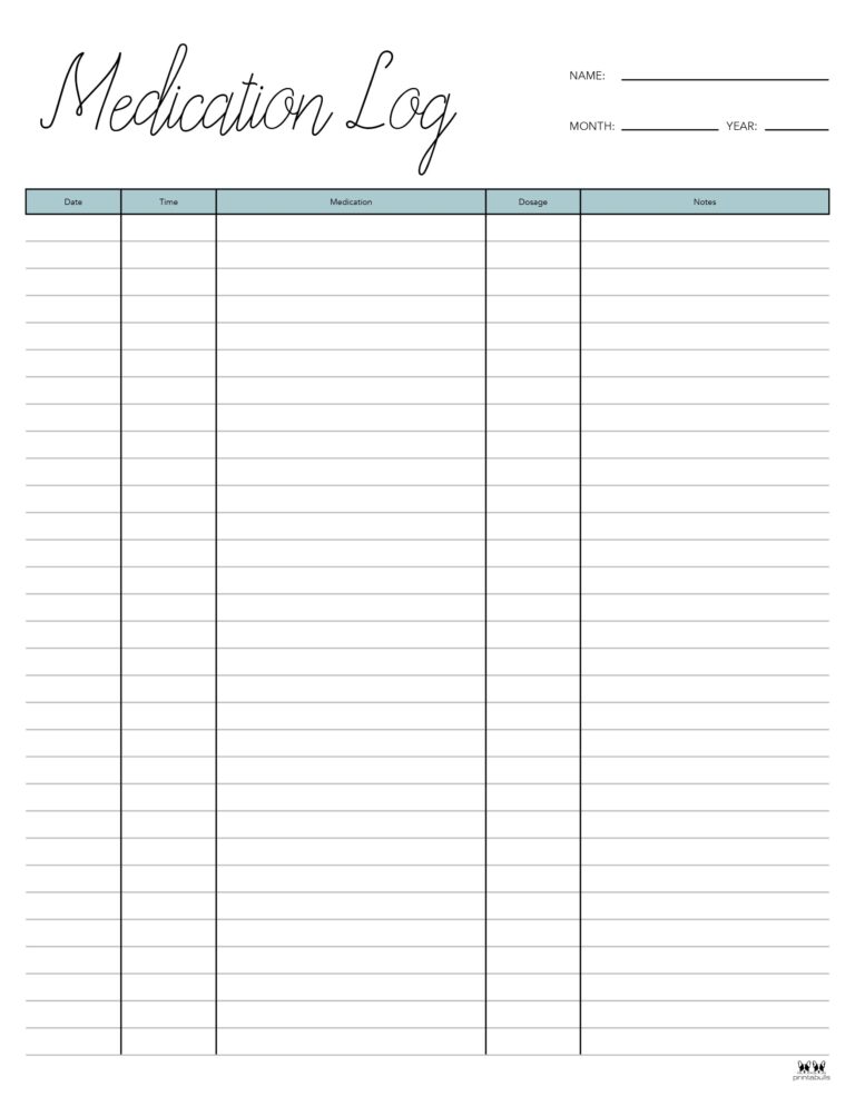 Medication Logs - 25 FREE Printables | Printabulls