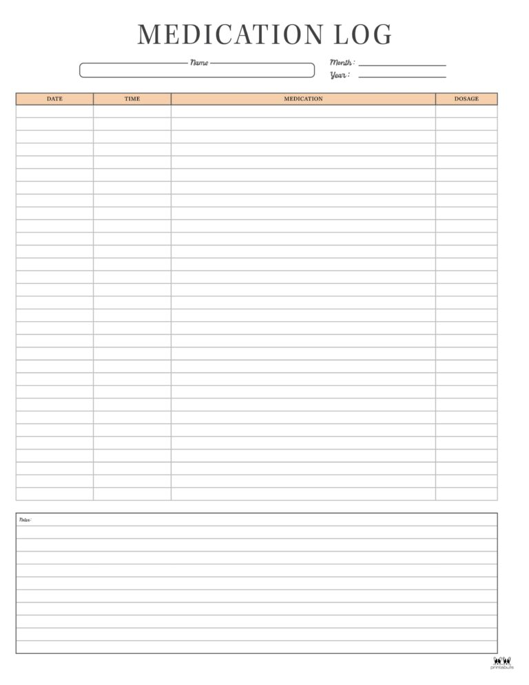 Medication Logs - 25 FREE Printables | Printabulls