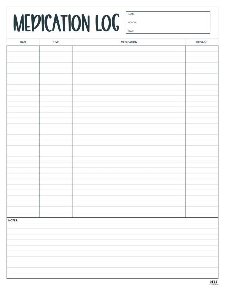 Medication Logs - 25 FREE Printables | Printabulls