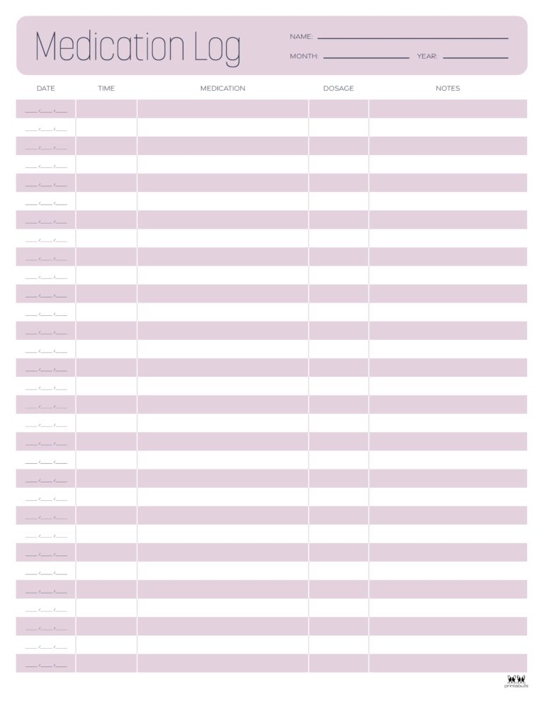 Medication Logs - 25 FREE Printables | Printabulls