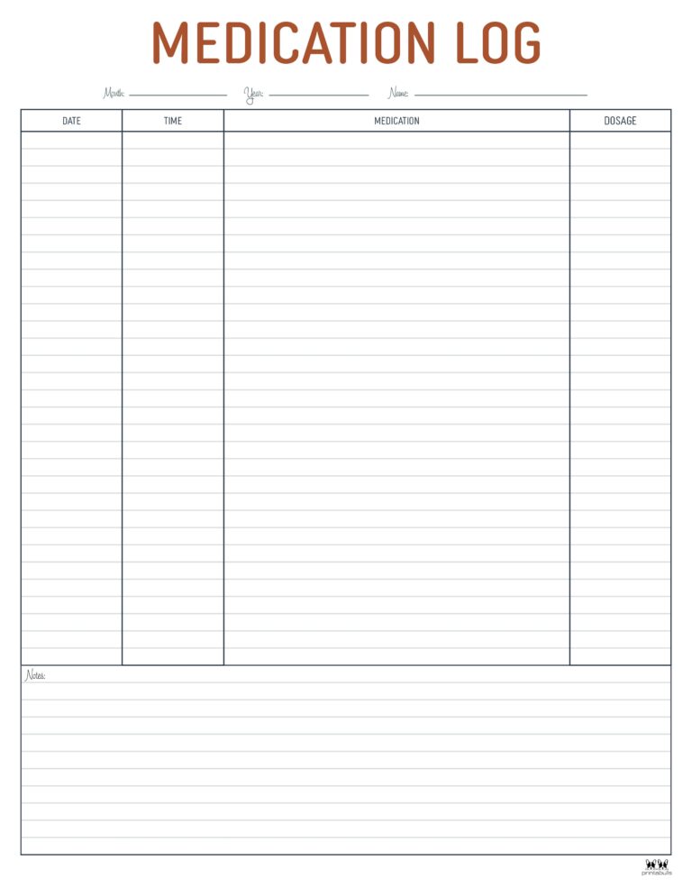 Medication Logs - 25 FREE Printables | Printabulls