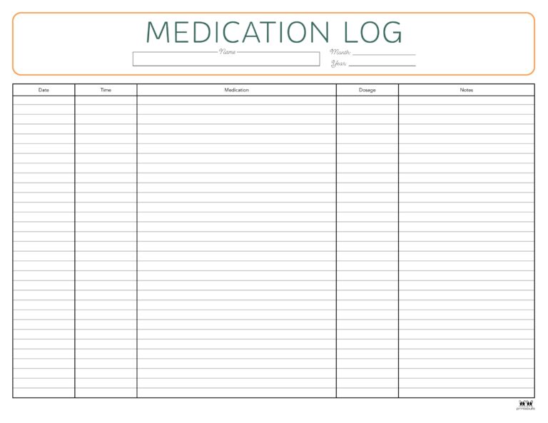 Medication Logs - 25 FREE Printables | Printabulls