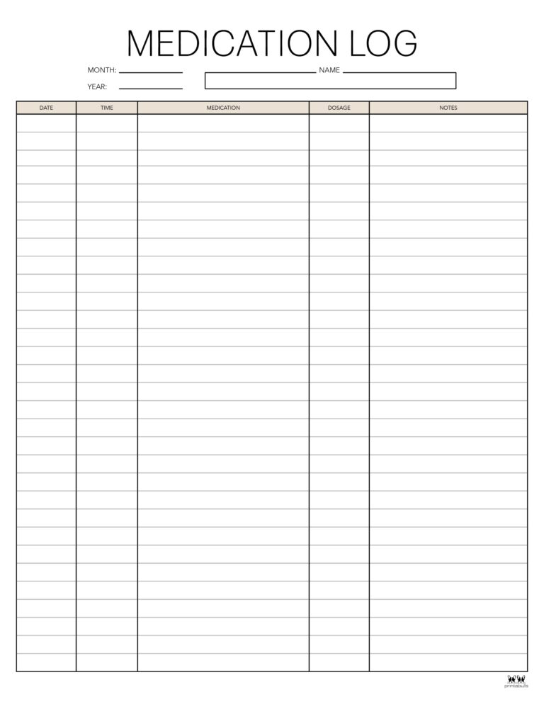 Medication Logs - 25 FREE Printables | Printabulls