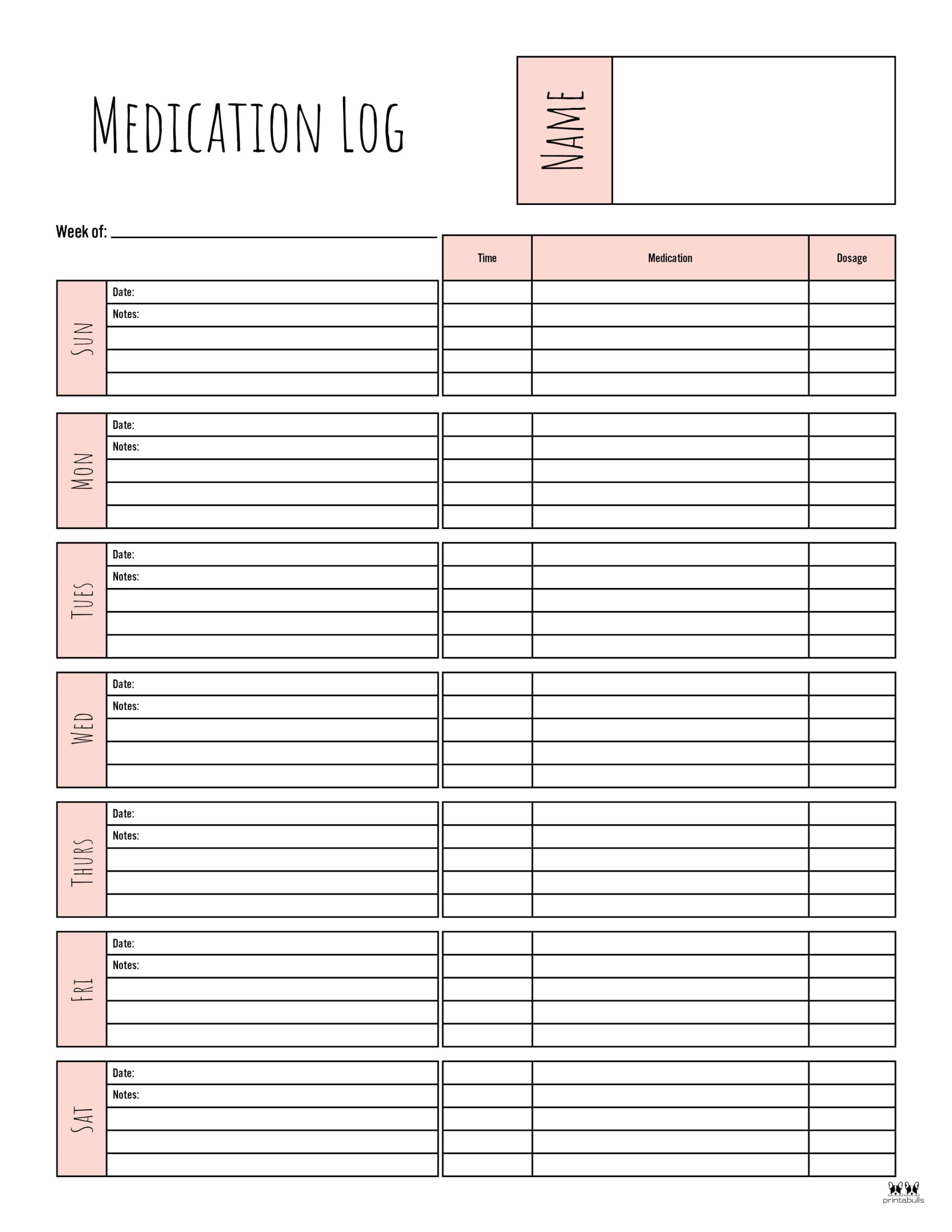 Medication Logs - 25 FREE Printables | Printabulls