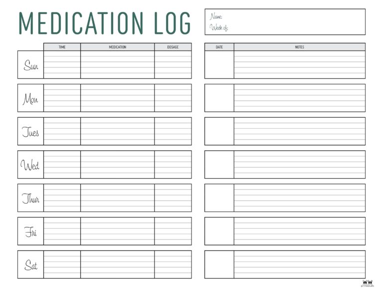 Medication Logs - 25 FREE Printables | Printabulls