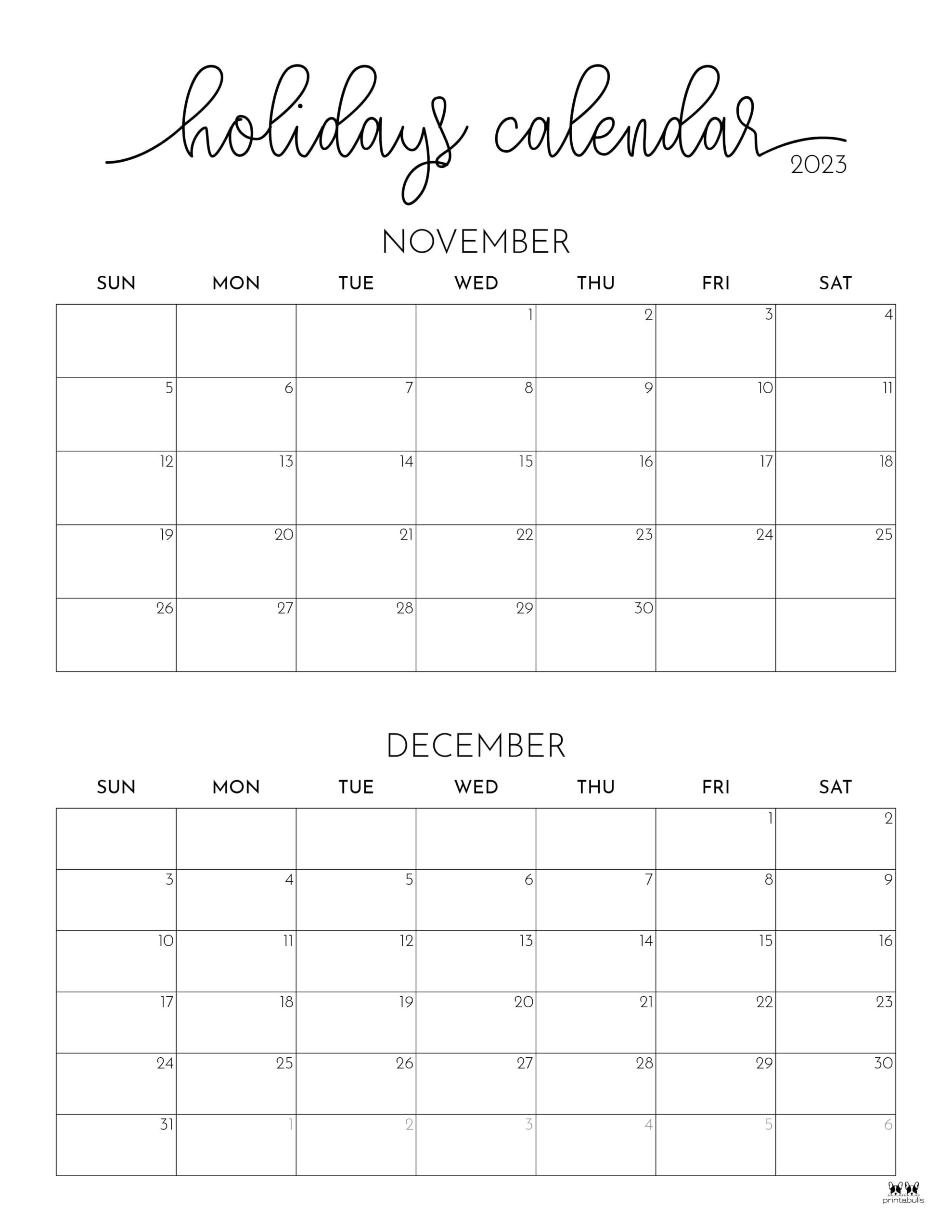 November December 2023 Calendars 12 Printables Printabulls