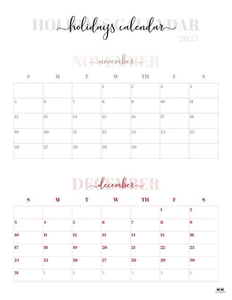 November December 2023 Calendars - 12 Printables | Printabulls