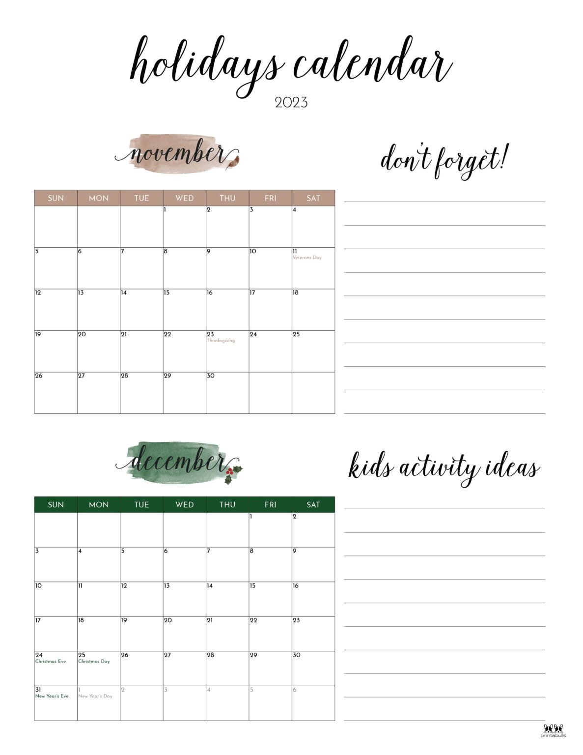 November December 2023 Calendars - 12 Printables | Printabulls