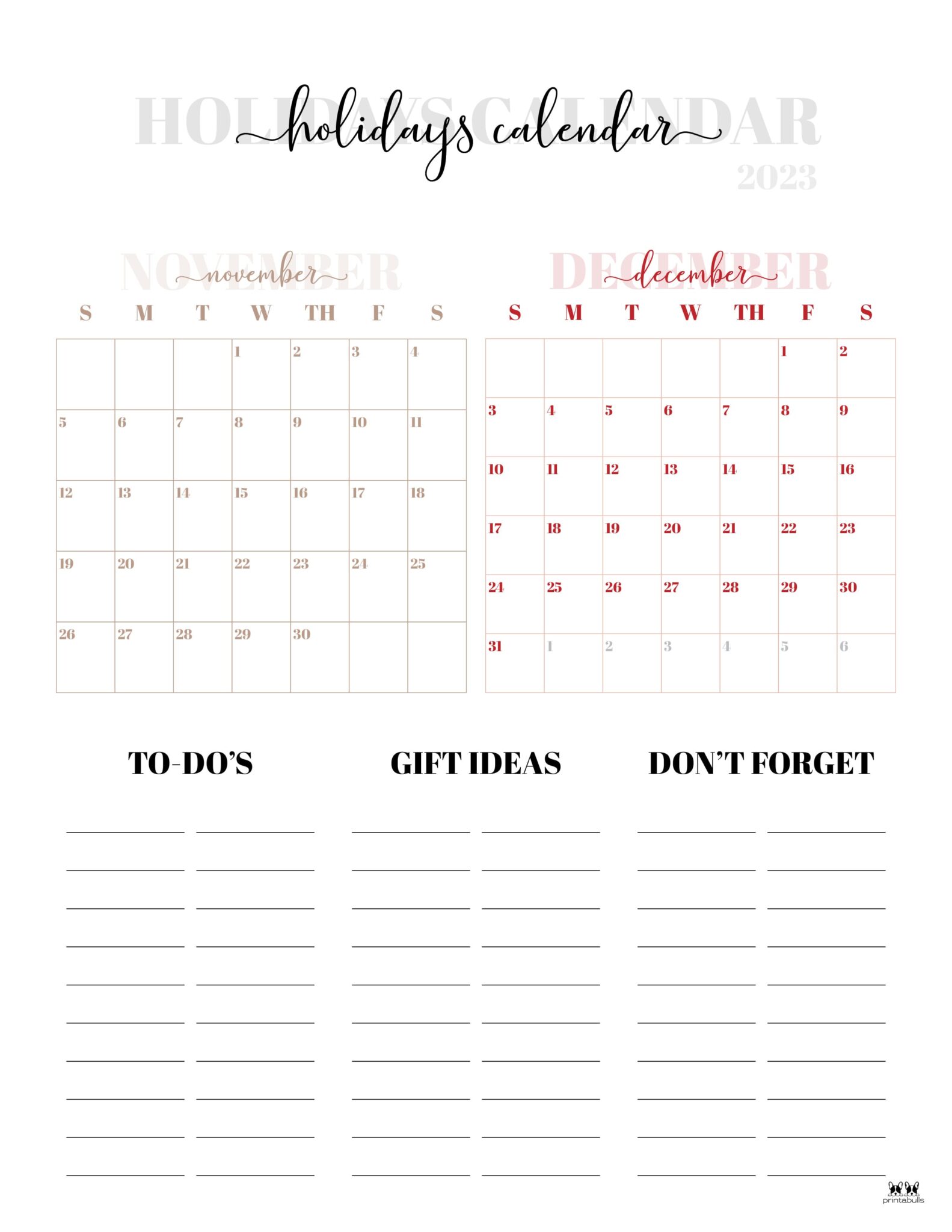 November December 2023 Calendars - 12 Printables | Printabulls