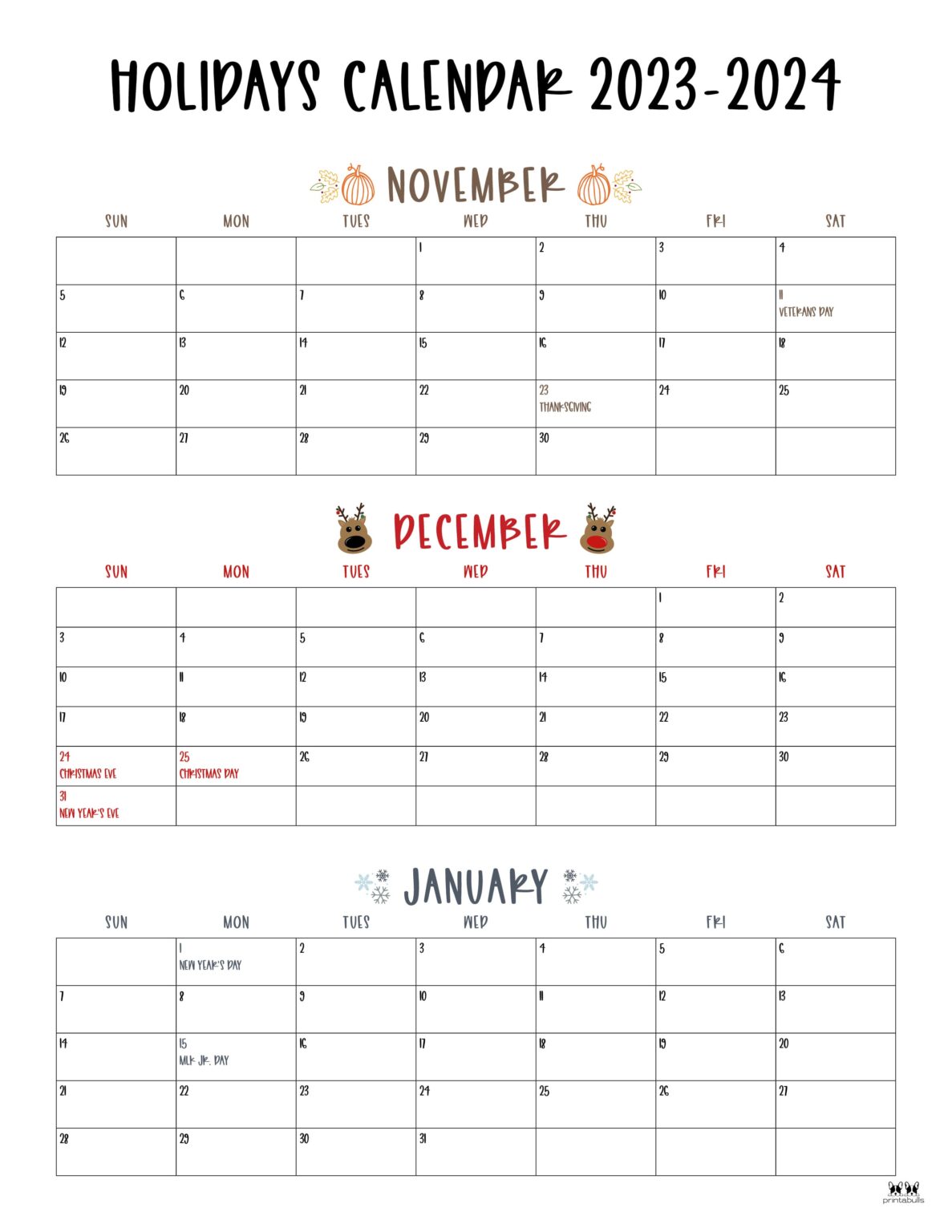 November December 2023 Calendars - 12 Printables | Printabulls