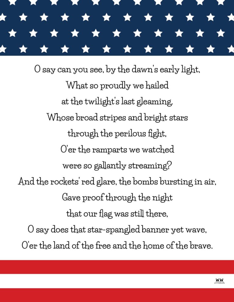 Star Spangled Banner Lyrics - 10 FREE Printables | Printabulls