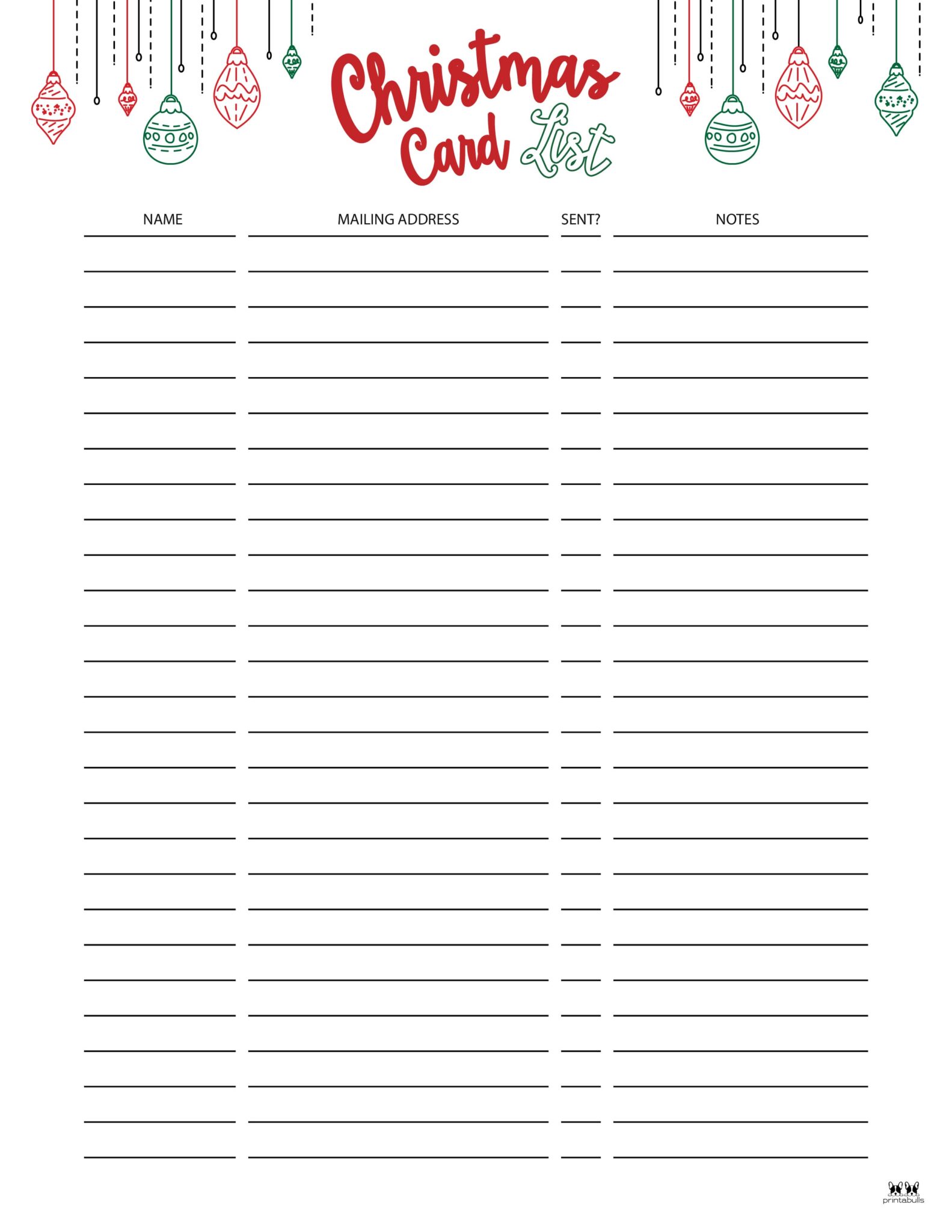 Christmas Card List Templates - 12 FREE Pages | Printabulls