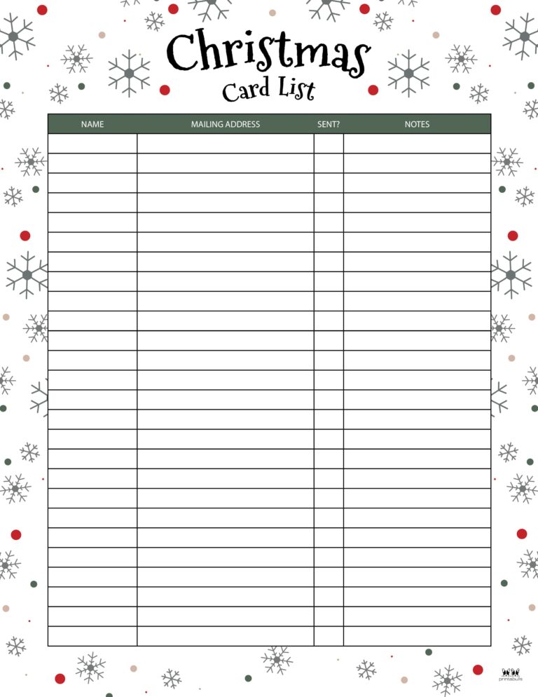 Christmas Card List Templates - 12 FREE Pages | Printabulls