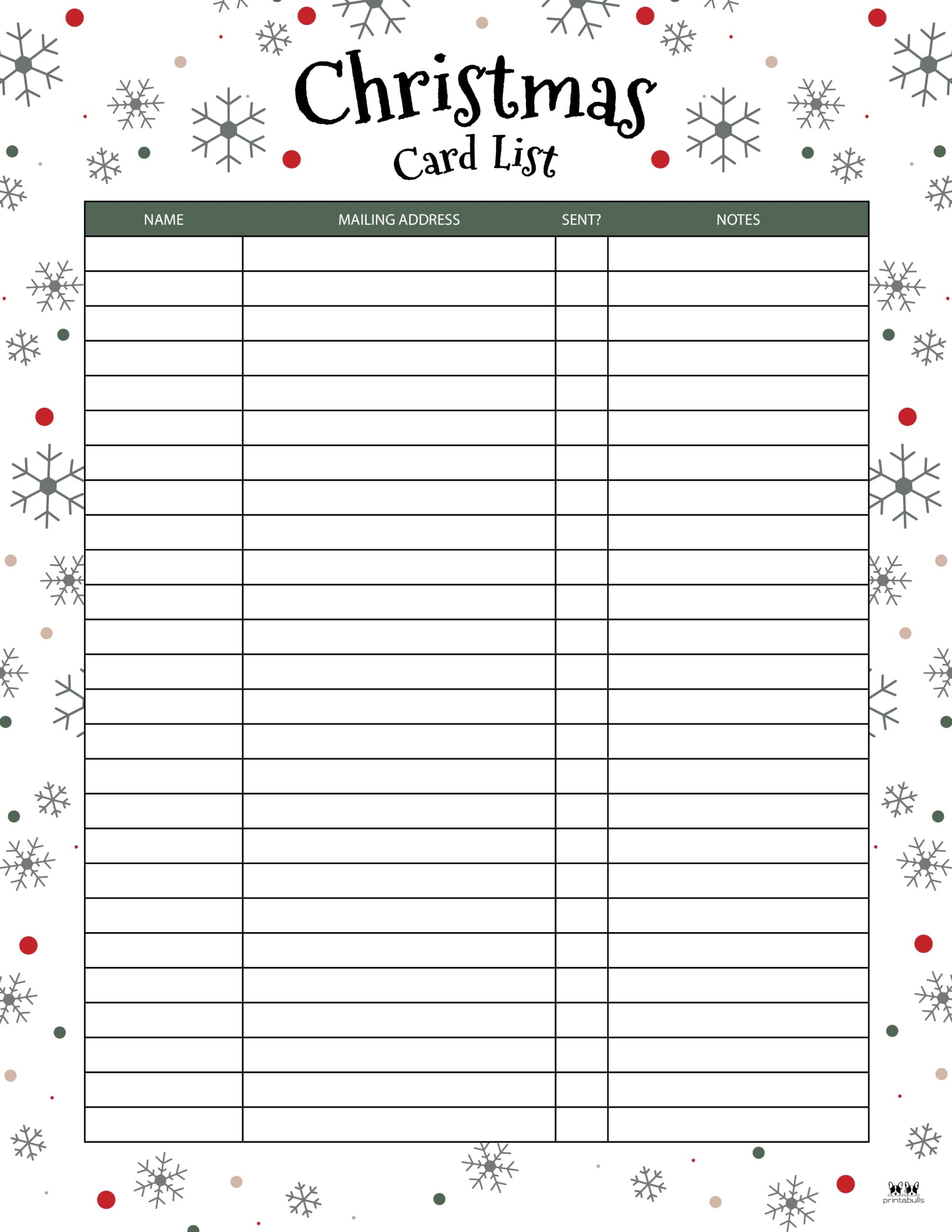 Christmas Card List Templates 12 FREE Pages Printabulls