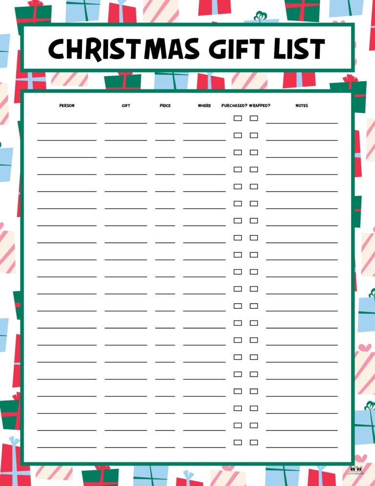 Christmas Gift List Templates - 20 FREE Pages | Printabulls