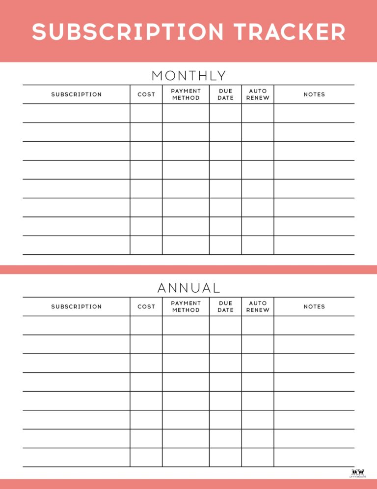 Subscription Trackers - 12 FREE Printables - PrintaBulk