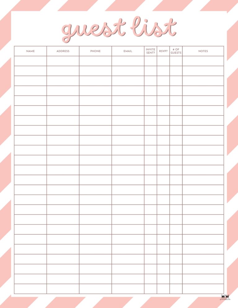 Guest List Templates - 12 FREE Printables | Printabulls