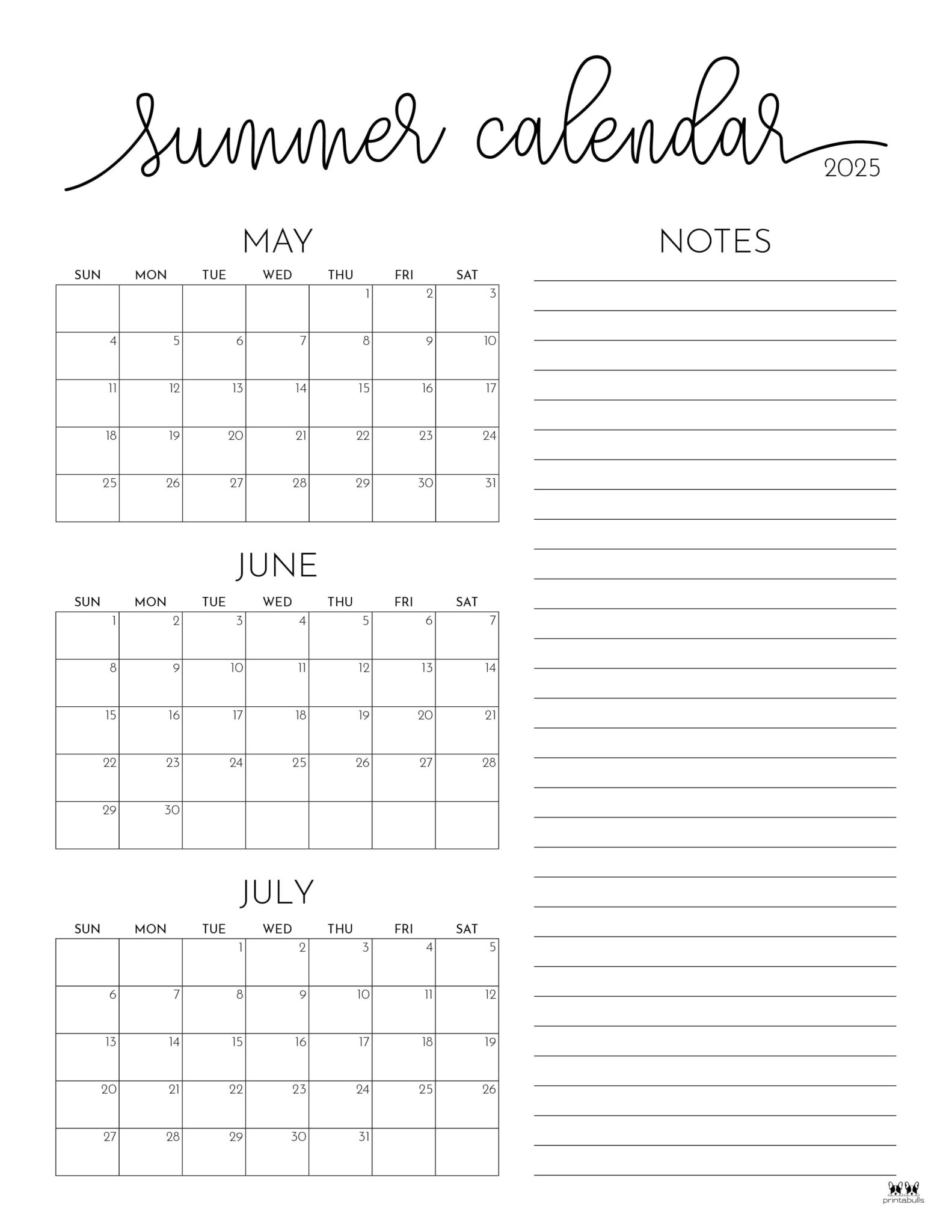 2025 Summer Calendars 27 FREE Printables Printabulls