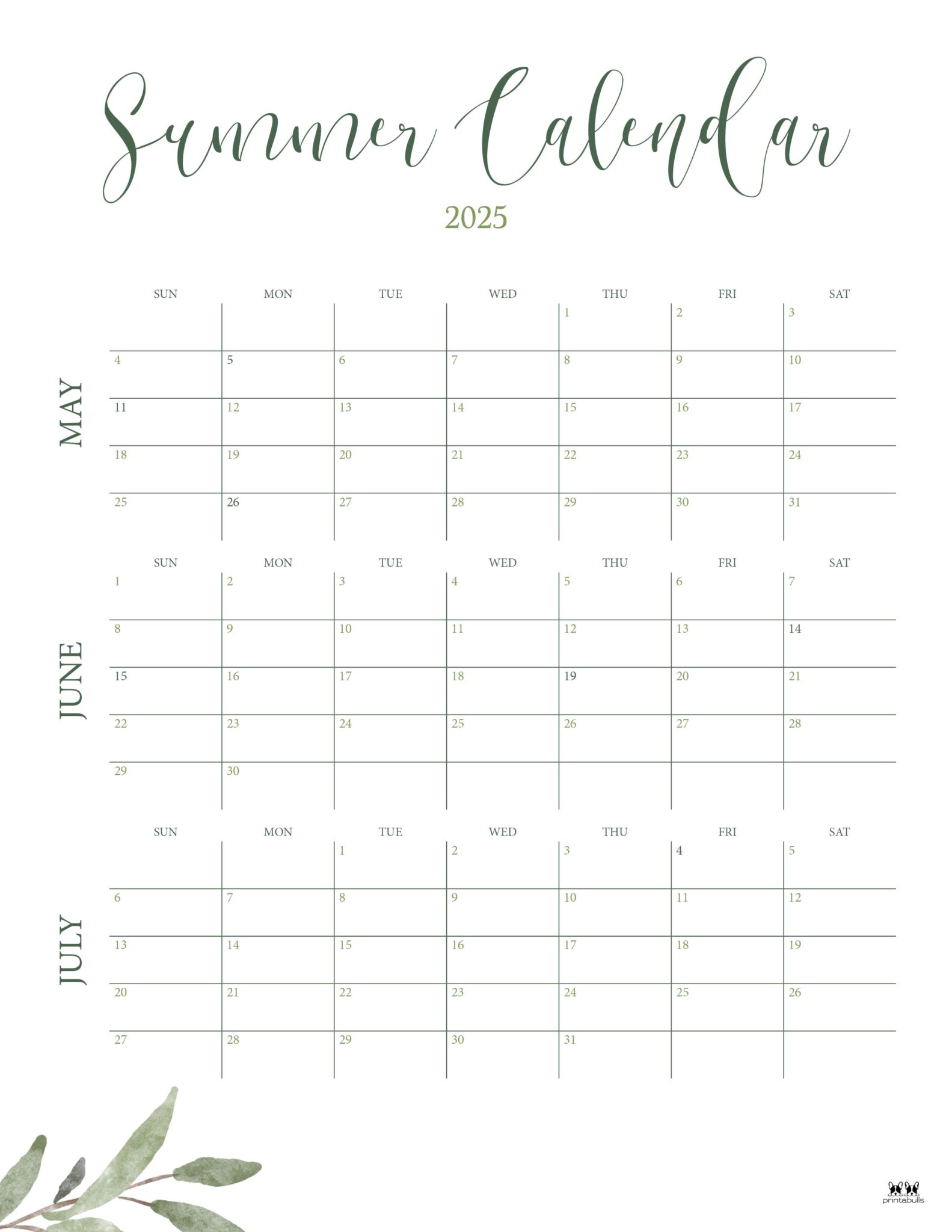 2025 Summer Calendars 27 FREE Printables Printabulls